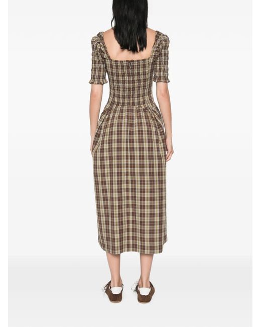Damson Madder Natural Emmy Shirred Checked Midi Dress