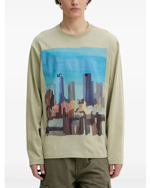HUGO Blue Cityscape-Print Long-Sleeve T-Shirt for men