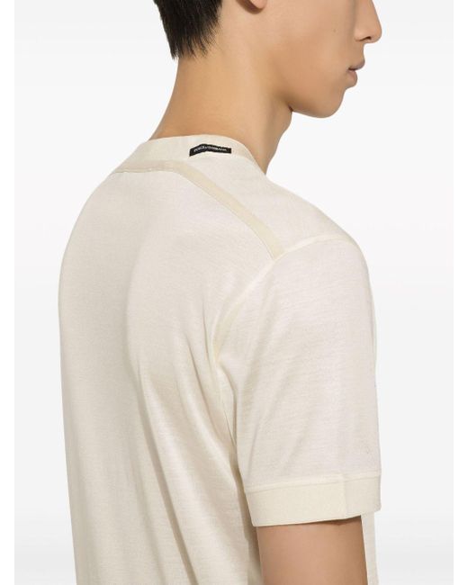 Dolce & Gabbana White Logo-patch Silk T-shirt for men
