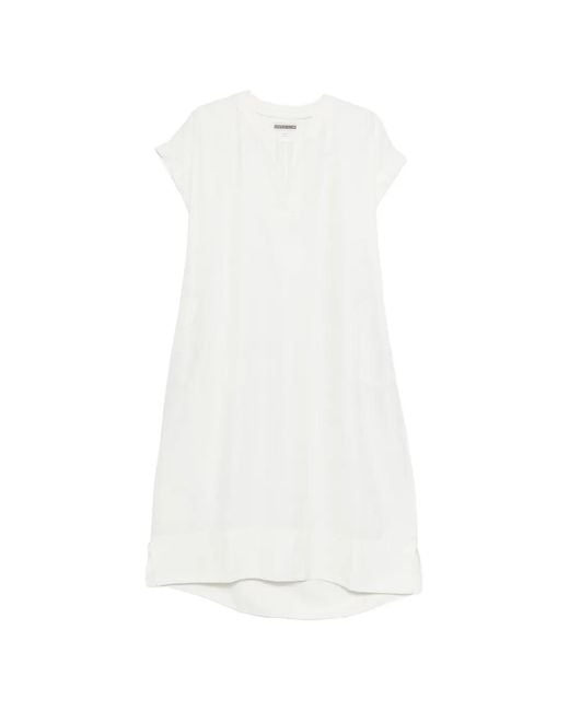 European Culture White V-Neck Midi Dress