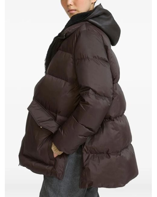 Yves Salomon Brown A-Line Shearling-Panel Down Coat