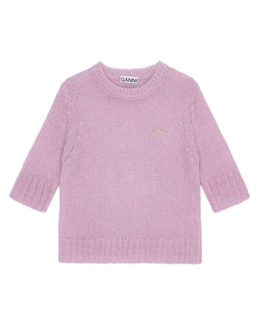 Ganni Pink Logo-embroidered Knitted Top