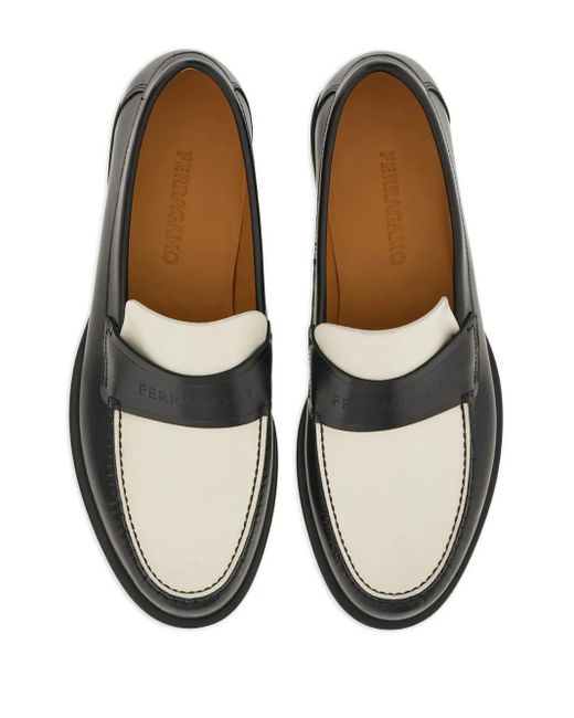 Ferragamo Black Logo-Debossed Two-Tone Loafers for men