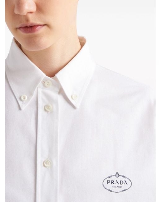 Chemise en coton à logo brodé Prada en coloris White
