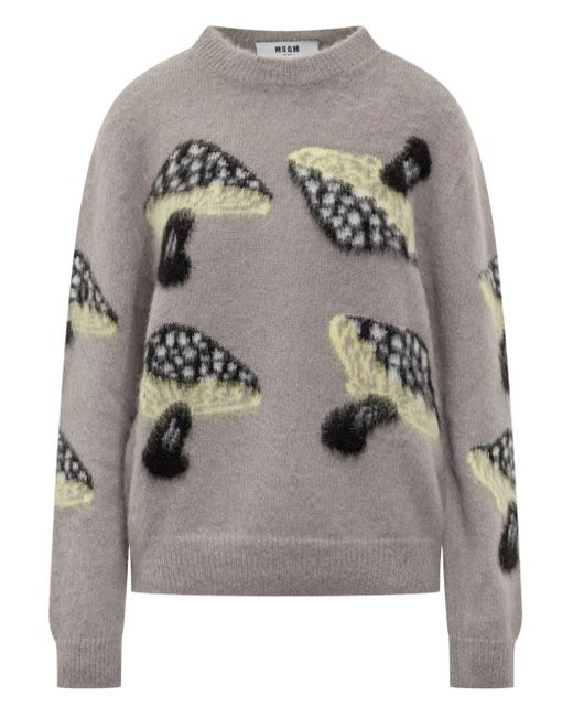 MSGM Gray Soft Knit Sweater With Whimsical Mushroom Motif