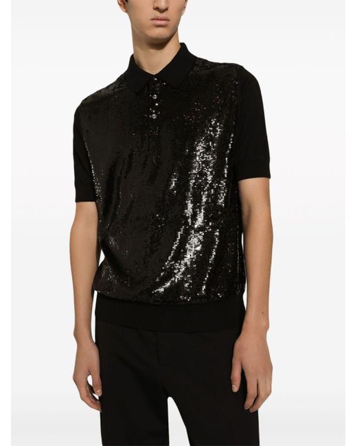 Dolce & Gabbana Black Sequin-embellished Polo Shirt for men