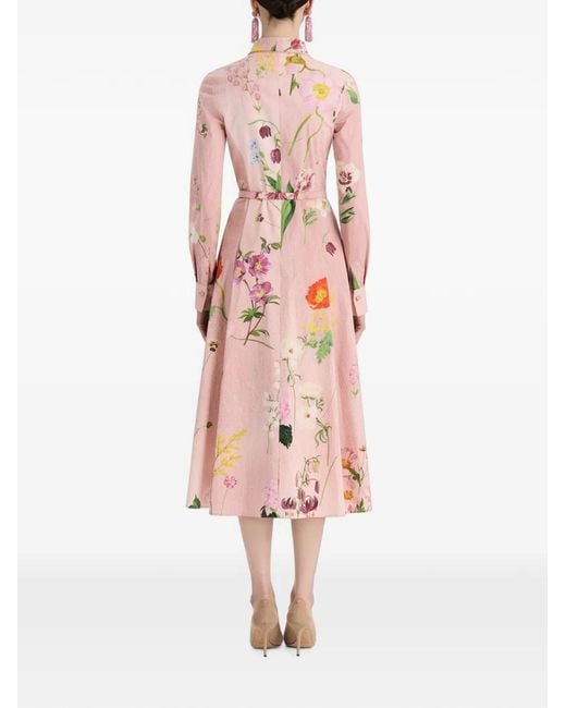 Oscar de la Renta Pink Botanical-Printed Belted Midi Shirt Dress