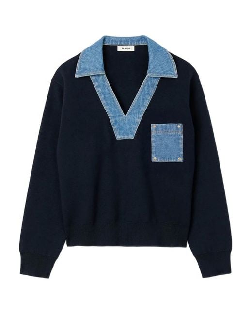 Sandro Blue Denim-Trimmed V-Neck Sweatshirt