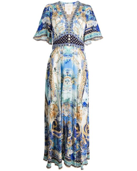 Camilla Blue Crystal-embellished Printed Silk-crepe Maxi Dress