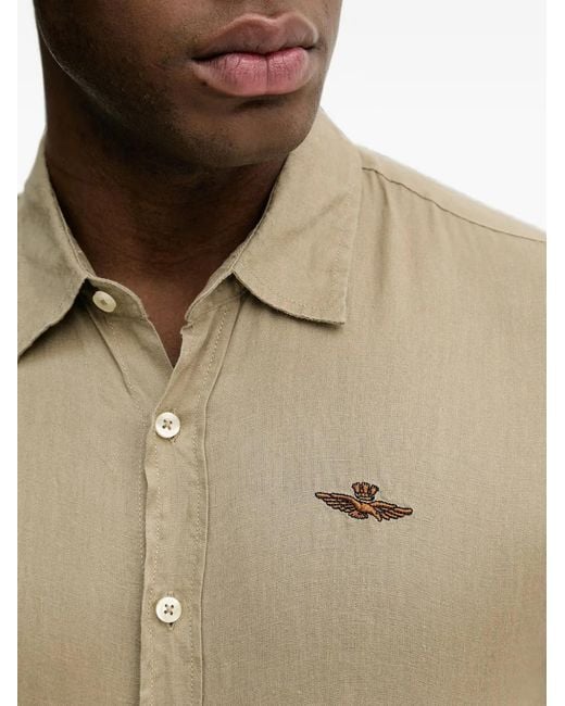Aeronautica Militare Natural Logo-Embroidered Linen Shirt for men