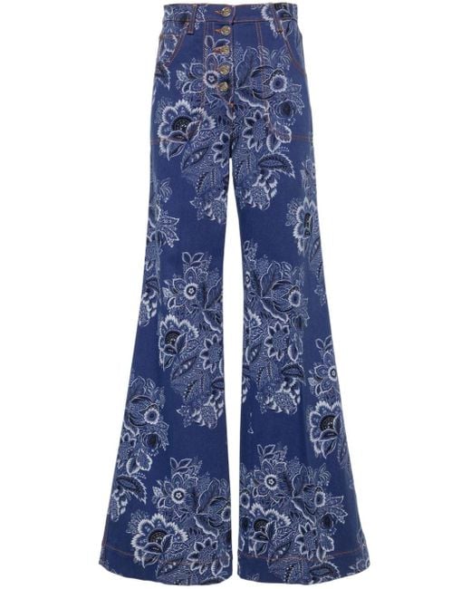 Etro Blue Paisley-print High-rise Flared Jeans