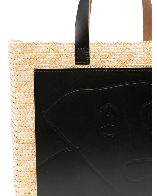 Plan C Black Small Florentine Logo-Patch Straw Tote Bag