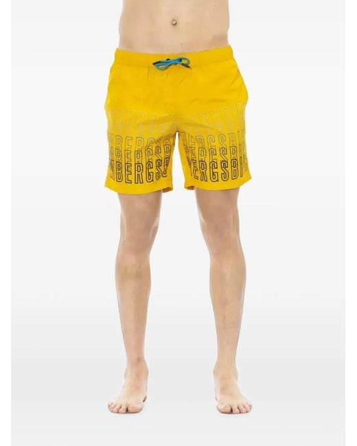 Bikkembergs Yellow Logo-Print Drawstring Swim Shorts for men
