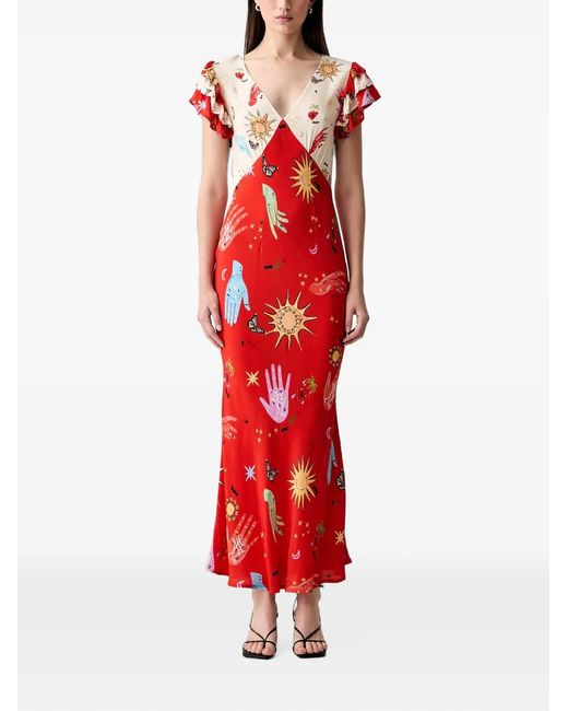 Never Fully Dressed Red Graphic-Print Ruffled-Sleeve Maxi Dress