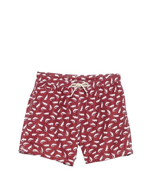 Mc2 Saint Barth Red Alligator-Print Drawstring Swim Shorts for men