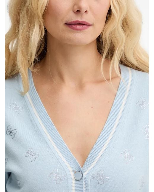 Guess Blue Cardigan À Motif De Logo Et Strass