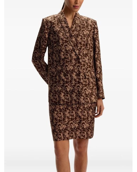 12 STOREEZ Brown Floral-Pattern Silk Midi Skirt