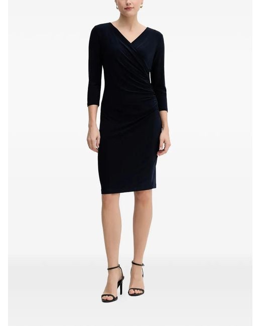 Joseph Ribkoff Black V-Neck Ruched Midi Dress