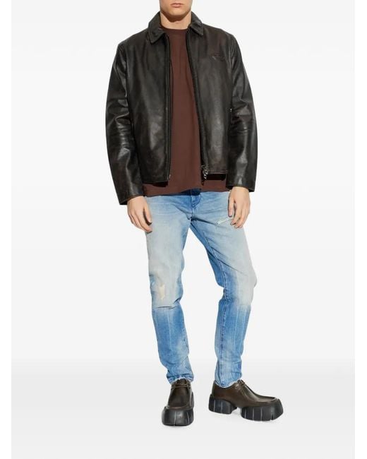 DIESEL Black Leather Logo Jacket for men