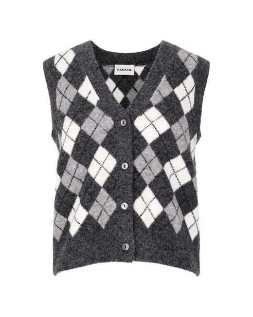 P.A.R.O.S.H. Black Argyle-Knit V-Neck Sleeveless Cardigan