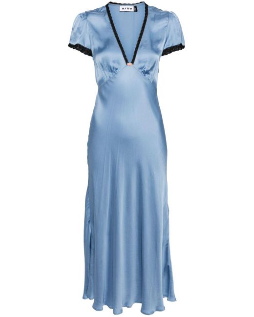 Rixo Blue Clarice Lace-trim Satin Midi Dress