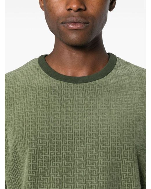 Balmain Green Velvet Monogram-pattern T-shirt for men