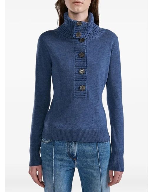 Barbara Bui Blue Pull À Col Boutonné En Laine Mérinos