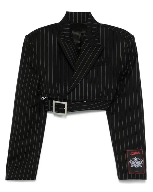 Jean Paul Gaultier Black Pinstripe Wool Cropped Tailored Jacket With Zip Off Belt