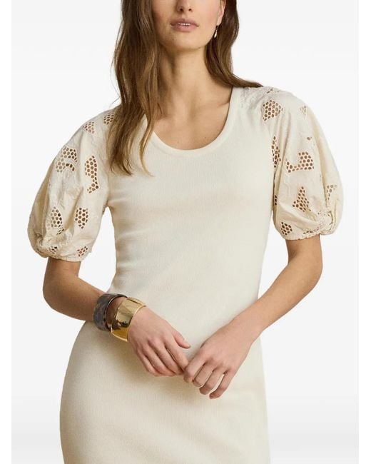 Ralph Lauren Natural Rib-Knit Eyelet-Embroidered Midi Dress