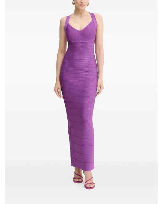 Hervé Léger Purple Sutton V-Neck Maxi Dress