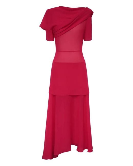 POST MERIDIEM Red Asymmetrical Draped Midi Dress