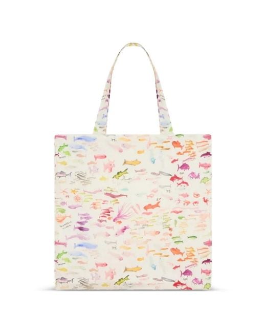 Vilebrequin White X Fabrice Hyber Fish-Print Linen Beach Bag