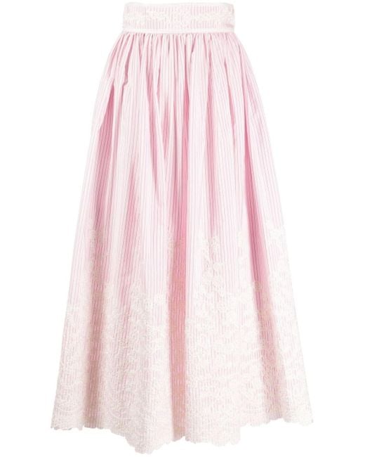 Elie Saab Pink Floral-embroidered Pinstriped Organic Cotton Skirt