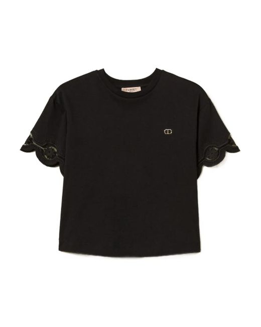 Twinset Black Scalloped-Lace Cotton T-Shirt