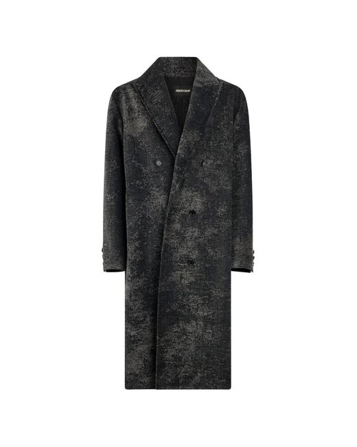 Roberto Cavalli Black Double-Breasted Distressed-Effect Coat for men