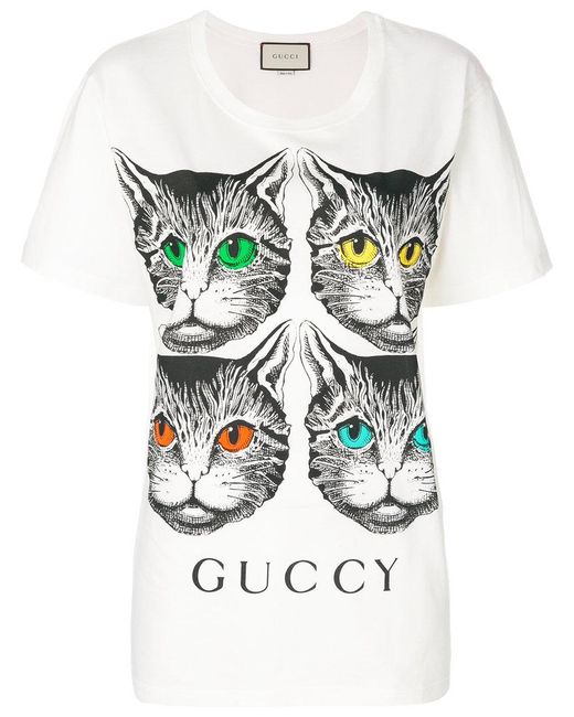Gucci White Mystic Cat And Guccy Print T-shirt
