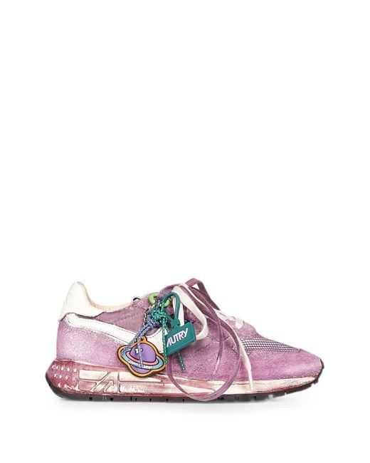 Autry Pink Reelwind Distressed-Finish Lace-Up Sneakers