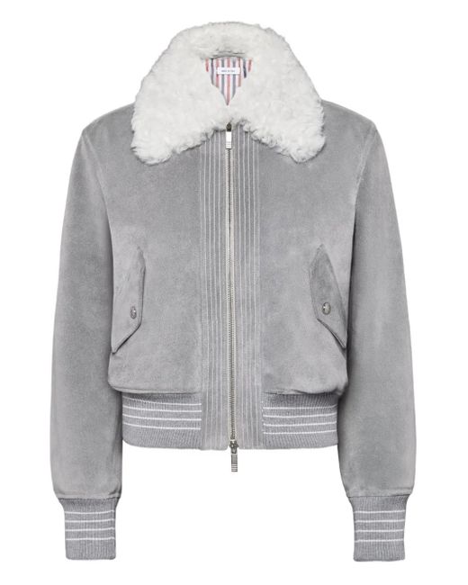 Thom Browne Gray Shearling-Collar Suede Jacket