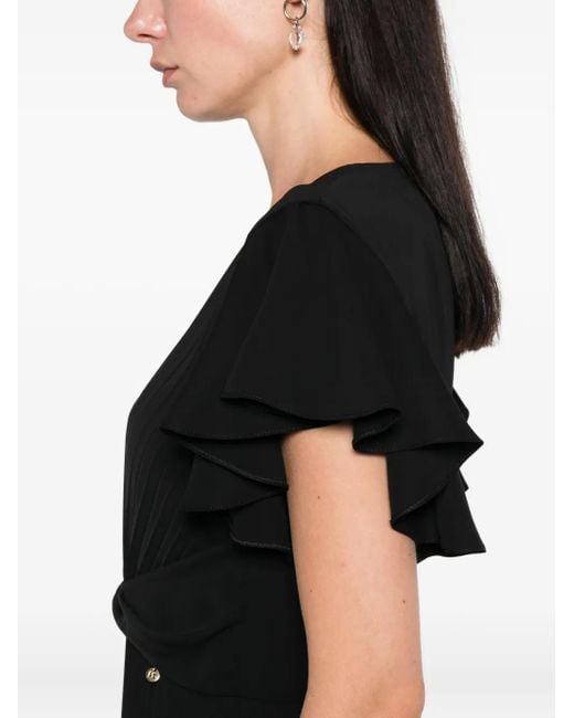 Nissa Black Pleated Ruffle Midi Dress