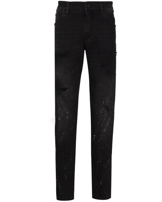 Dolce & Gabbana Black Splatter-paint Tapered-leg Jeans for men