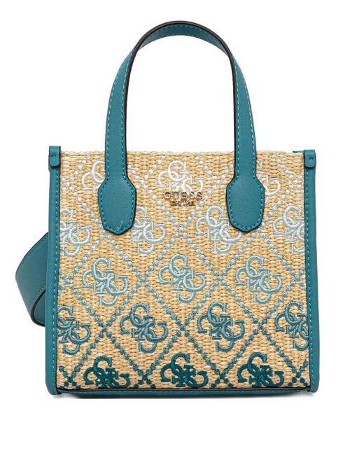 Guess Blue Silvana Embroidered Straw Tote Bag