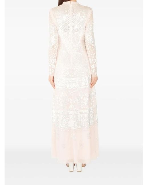 Needle & Thread White Aurora Sequin-Embellished Long-Sleeved Gown