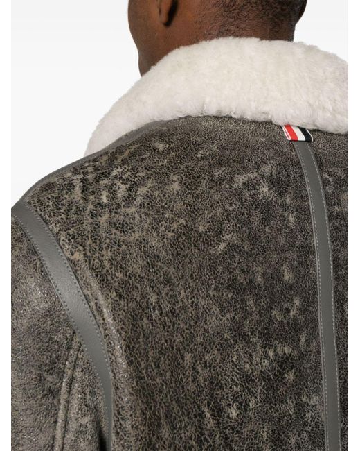 Thom Browne Gray Shearling-Trim Cracked Leather Jacket for men