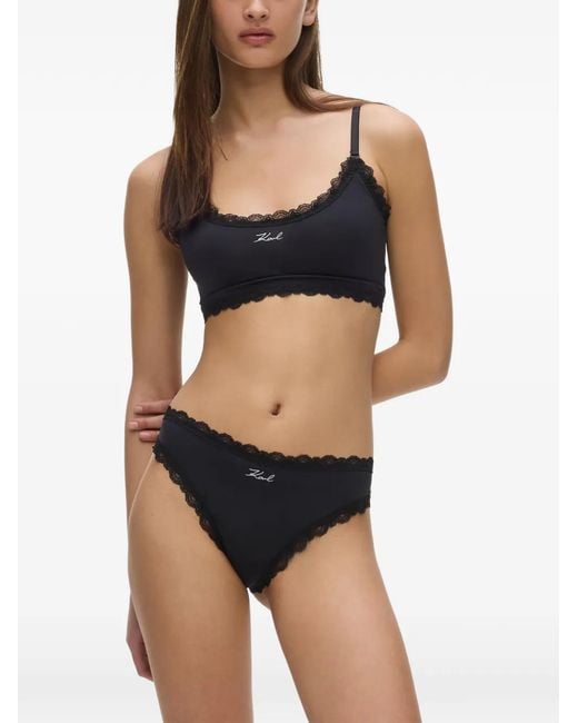 Karl Lagerfeld Black Signature Lace-Trim Thongs (Set Of Three)