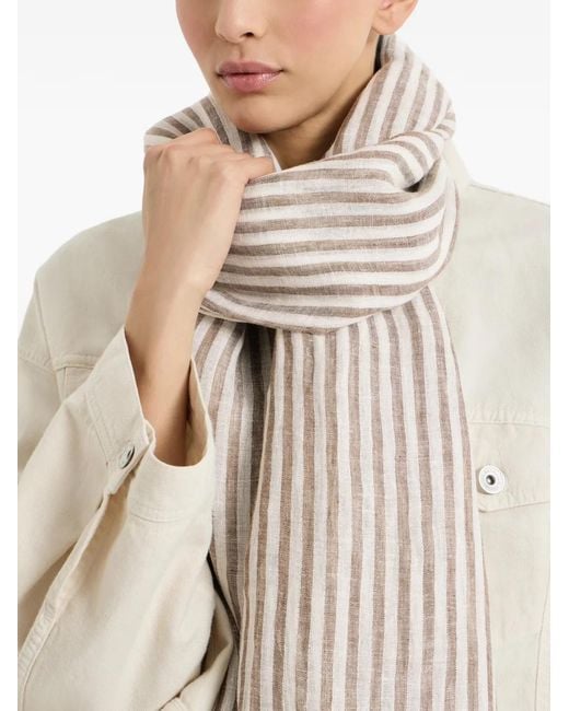 Brunello Cucinelli White Striped Fringed Scarf
