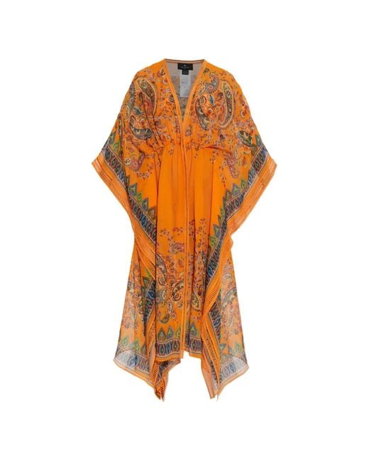 Etro Orange Paisley Crochet-Detail V-Neck Midi Dress