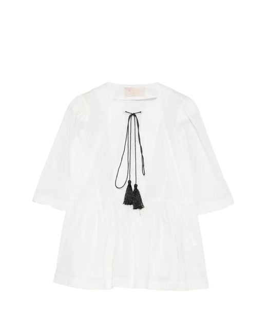 Kaos White Tassel-Detail Peplum Blouse