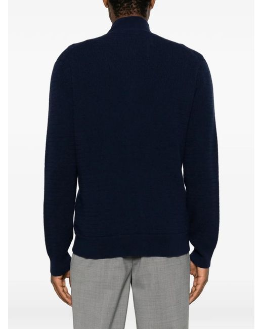 Canali Blue Zip-Up Ribbed-Knit Sweater for men