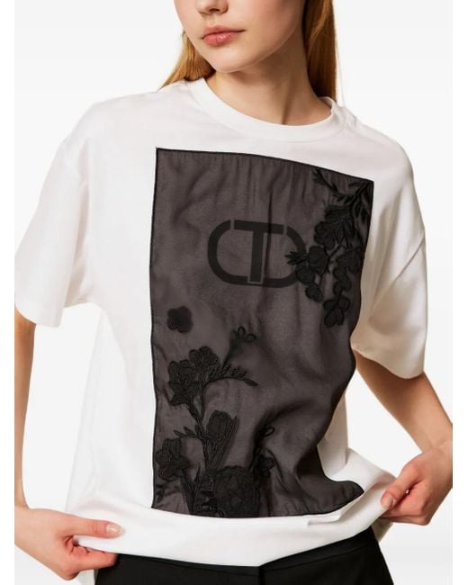 Twinset Black Floral-embroidered Cotton T-shirt
