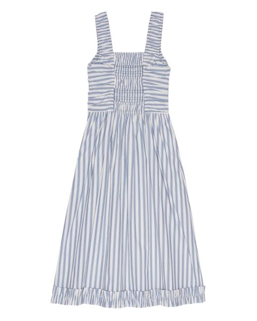 Ganni Blue Smocked Striped Dress